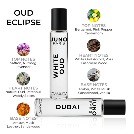 Juno Paris Dubai & White Oud Unisex | Long Lasting Perfume | Perfume for Man & Woman | EDP 2x15ml | Musk, Agarwood & Lavender| Bergamot, Rose & Vanilla Premium Fragrance