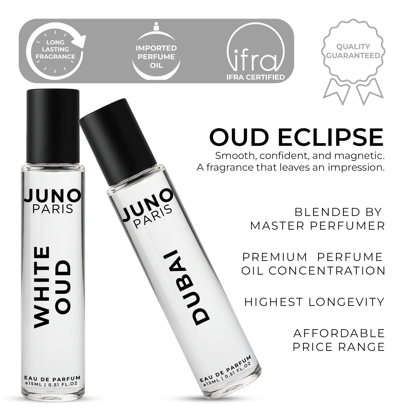 Juno Paris Dubai & White Oud Unisex | Long Lasting Perfume | Perfume for Man & Woman | EDP 2x15ml | Musk, Agarwood & Lavender| Bergamot, Rose & Vanilla Premium Fragrance